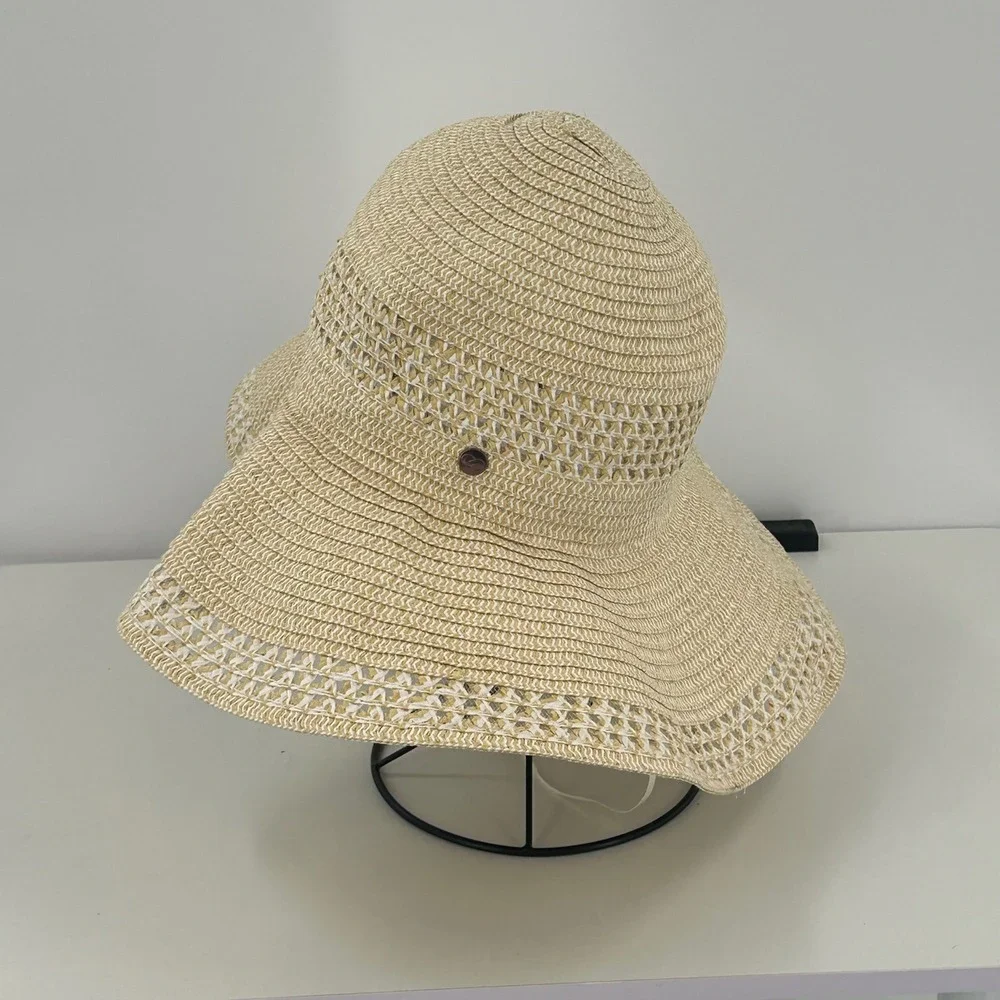 Calia Womens Tan White Woven Straw Wide Brim Floppy Sun Hat Beach Costal